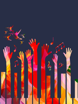 Music promotional poster with multicolored piano keyboard vector illustration. Colorful music background with piano keys for live concert events, music festivals and shows, party flyer