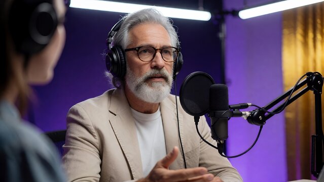 Mature Silver-Haired Businessman Wearing Eyeglasses and Headphones During a Professional Podcast Interview or Radio Broadcast in a Modern Studio Setting with Purple Ambient Lighting