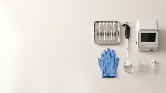 Scientific laboratory research equipment set with pipette test tubes glove and analyzer for medical testing and analysis on white background
