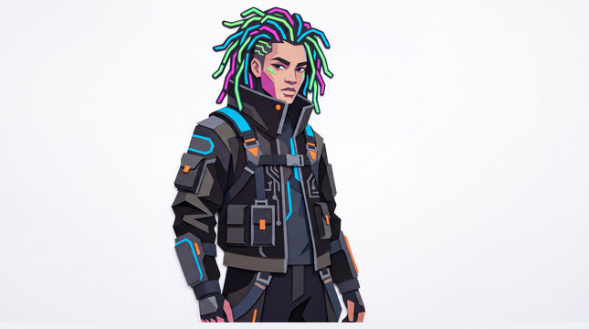 Dreadlocks vector character in futuristic cyberpunk techwear outfit
