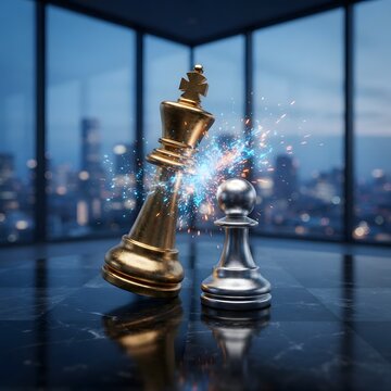 Golden chess king falling with sparks against silver pawn and city skyline background