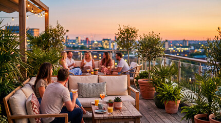 Fototapeta premium Group of friends enjoying drinks on a rooftop terrace at sunset overlooking the city skyline.