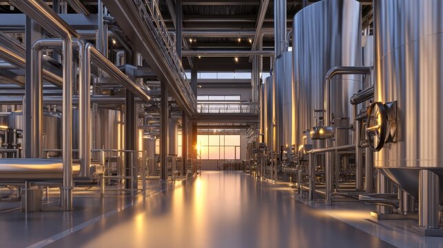 A spacious industrial facility with stainless steel tanks reflecting warm sunlight in the background