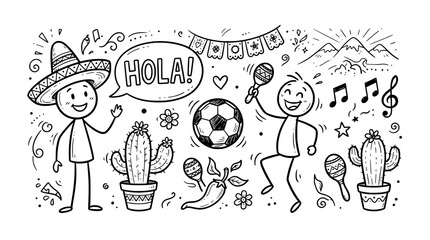 Mexican culture doodle set with stick figures, hand drawn fiesta celebration elements, black and white mexico travel icons vector © pixel_studios