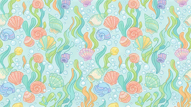 Seamless pattern with cute sea shells and seaweed in pastel colors