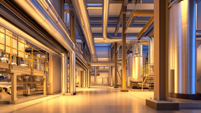 A spacious industrial facility showcasing extensive steel structures and intricate piping systems