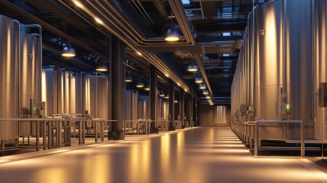 A spacious industrial facility with metallic tanks, illuminated by overhead lights, showcasing modern design