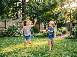 Fototapeta premium Two happy young children running and chasing soap bubbles on a sunny green lawn in the backyard