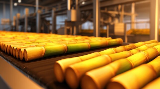A conveyor belt filled with vibrant yellow-green sugarcane sticks in a bright factory setting