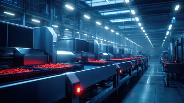 A futuristic factory interior features conveyor belts with red items and bright ambient lighting