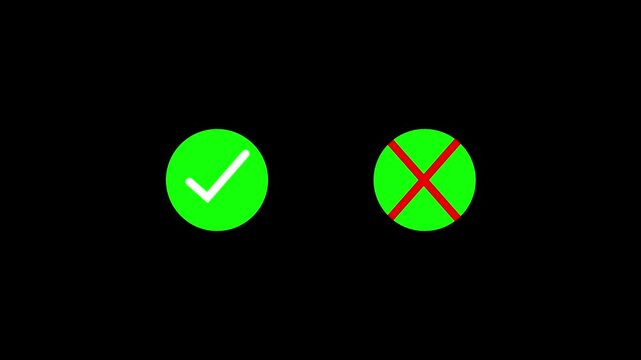Green circle icons with white and red cross, communicating correct and incorrect choices, approval, rejection, success, failure, validation, comparison, and decision making process.