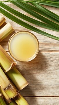 A close-up view of fresh sugarcane stalks beside a small glass of yellowish liquid