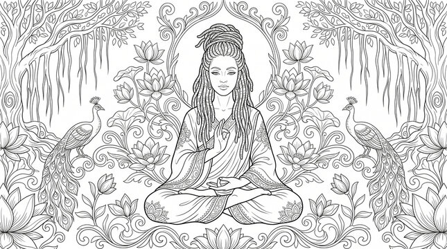 Meditating woman with dreadlocks vector in a lotus garden line art