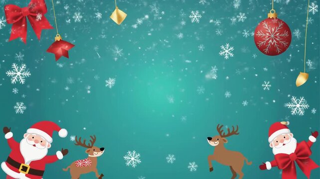 Festive Santa Claus and reindeer dancing in a snowy winter wonderland with falling snowflakes and bokeh lights