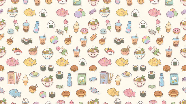 Seamless pattern with cute japanese food and snacks icons on a clean white background