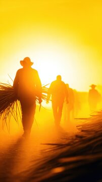 Silhouetted figures walk through a golden haze against a bright sunset, carrying bundles and glow
