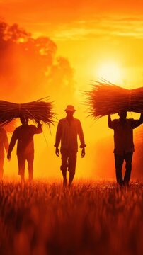 Silhouetted figures carrying bundles of grass under a vibrant sunset sky, creating a dramatic scene