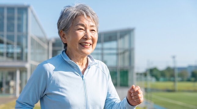 Active senior Japanese woman jogging outdoors with a smile in front of modern buildings