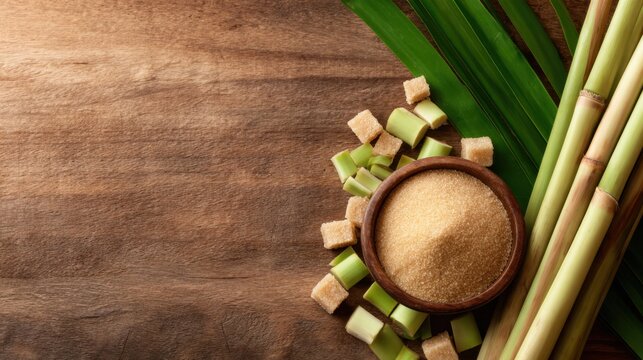 Brown sugar in a bowl surrounded by sugarcane and green leaves on a wooden surface
