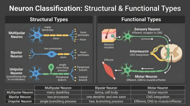 Neuron Types Structural Functional Classification Diagram Infographic.