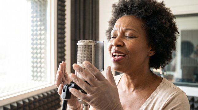 Mature African American woman singing passionately into a studio microphone with eyes closed and hands raised