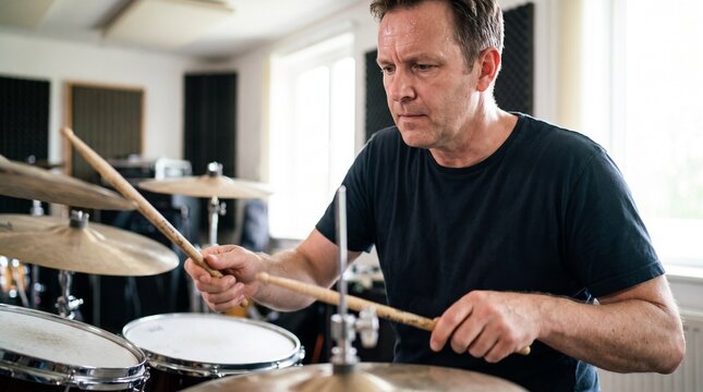 Middle aged man focused on playing drums in a studio with drumsticks in hand