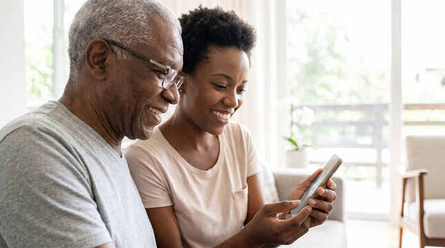 Smiling African American grandfather and granddaughter share a moment looking at a smartphone together indoors