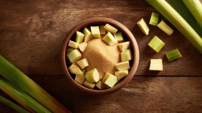A wooden bowl filled with brown sugar surrounded by chopped green stalks on a rustic table