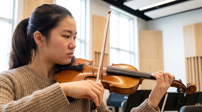 Young Asian woman playing the violin with concentration in a music practice room