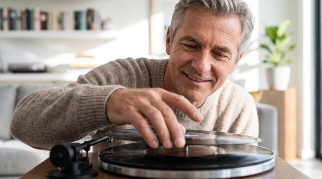Smiling middle aged man with gray hair placing a vinyl record on a turntable in a cozy living room setting