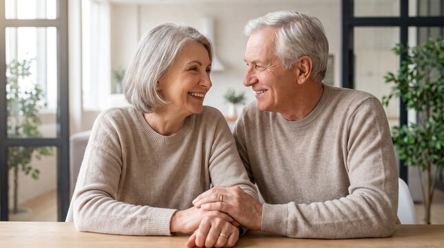 Happy senior couple looking at each other with love and smiles, holding hands at a table