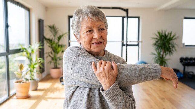 Elderly woman stretching her arms indoors in a bright room with plants and exercise equipment