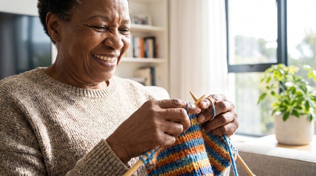 Joyful elderly African American woman happily knitting a colorful striped scarf indoors