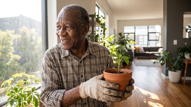 Smiling elderly Black man wearing gardening gloves holds a potted plant near a window with lush greenery