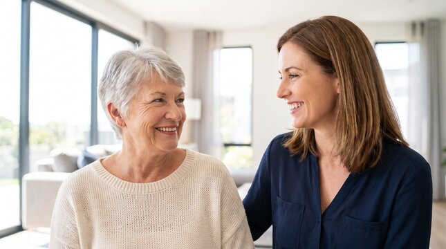 Two women of different generations smiling and looking at each other in a bright modern home setting