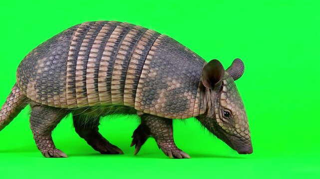 An armadillo walking slowly across a solid bright green screen background for easy video compositing and post-production keying