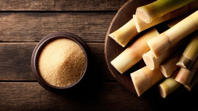A wooden bowl filled with golden brown sugar and chopped sugarcane stalks on a rustic table