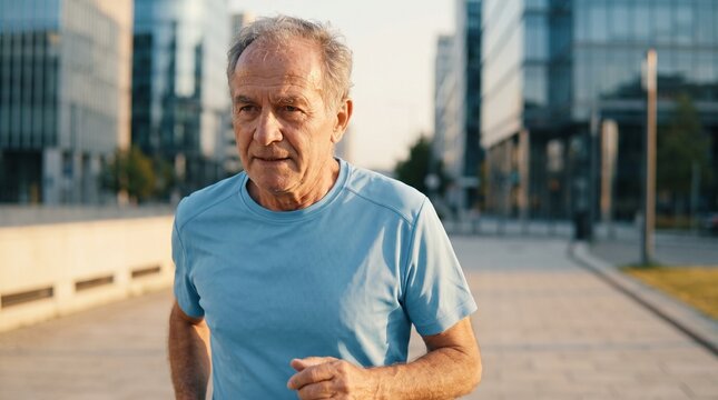 Active senior man running outdoors in a modern city with glass buildings in the background during daytime