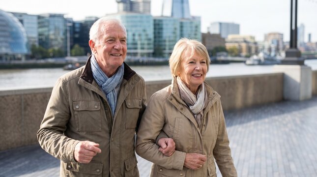 Happy senior couple walking arm in arm along a city riverfront with modern buildings in the background