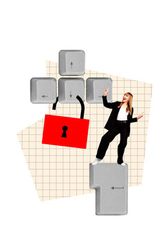 Vertical photo collage of happy girl dance locked desktop keyboard buttons keyhole inaccessible privacy isolated on painted background