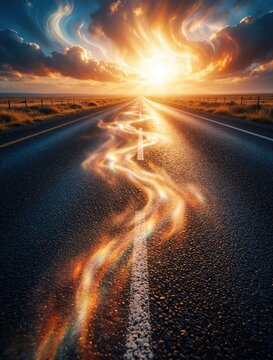 Heat haze distorts view on asphalt highway during sunset. Wavy air mirage rises from hot road surface under bright sun. Orange glowing waves create optical illusion on long empty street in desert.
