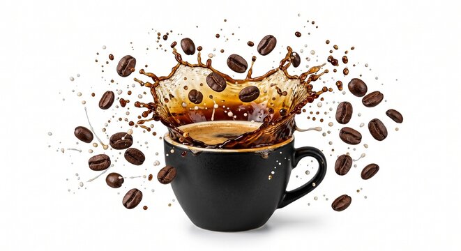 Black coffee cup with dynamic liquid splash and scattered roasted coffee beans isolated on white