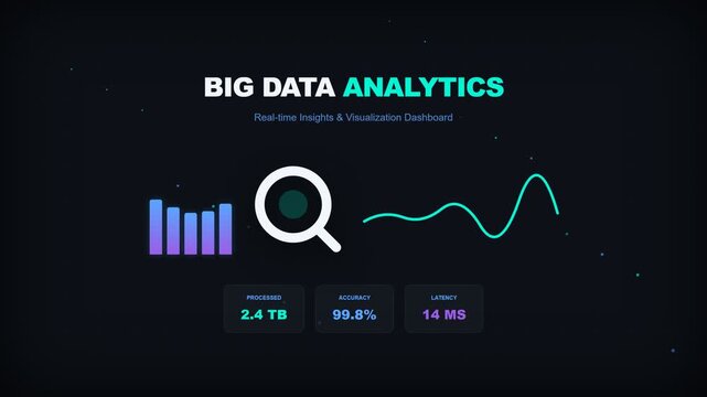 Big data analytics dashboard interface with search icon and statistical charts for business intelligence