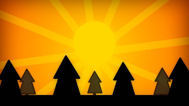 Animated forest silhouette with glowing sun rays in a flat vector style