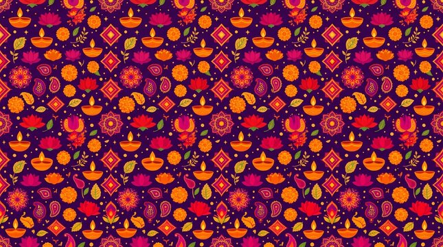 Seamless diwali festival patern vektor with diya and floral motifs