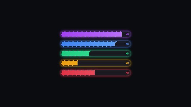 Colorful digital loading progress bars with glowing led status indicators in stacked sequence