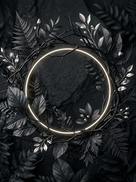 Dark foliage and branches frame a glowing circular light arrangement