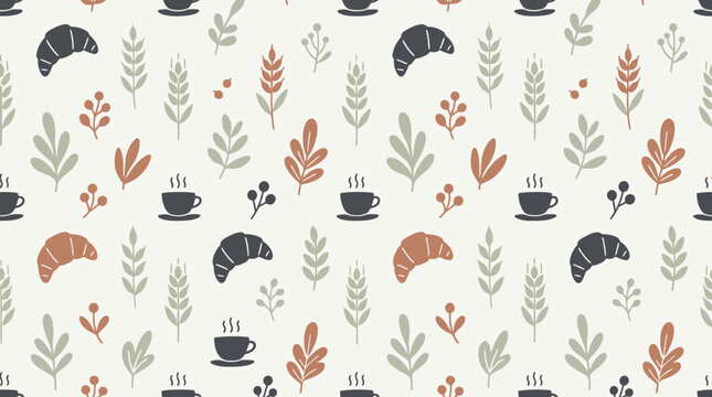 Minimalist croissant and coffee leaf pattern for seasonal branding