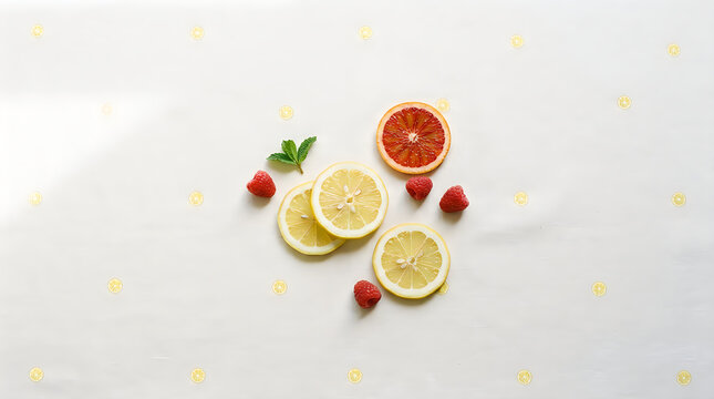 Fresh lemon slices with red blood orange, raspberries and mint leaves