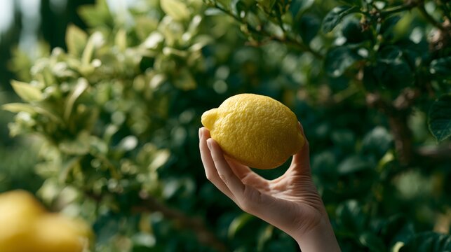 Hand picking a fresh ripe yellow lemon from a vibrant green citrus tree, representing organic harvest and healthy food
